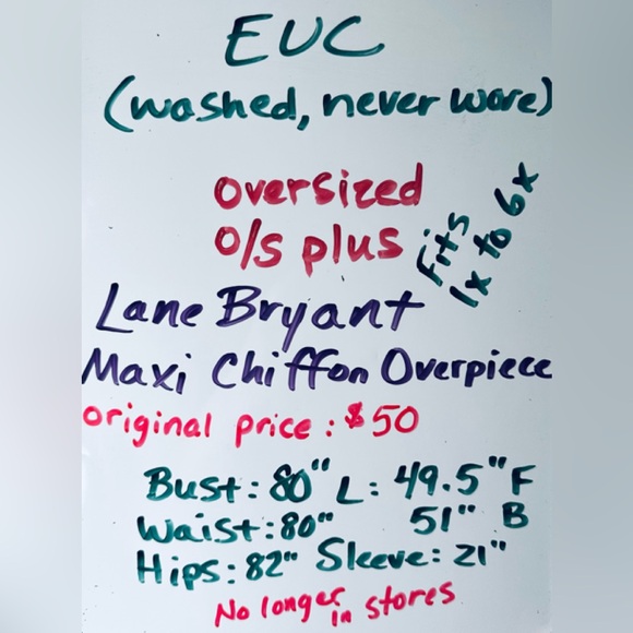 $50 EUC One size Plus fits 1x-6x
Lane Bryant Maxi Chiffon Overpiece - Picture 11 of 11